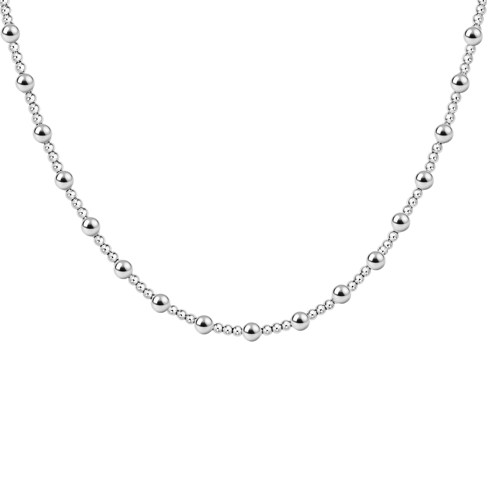 Silver beaded necklace on a white background