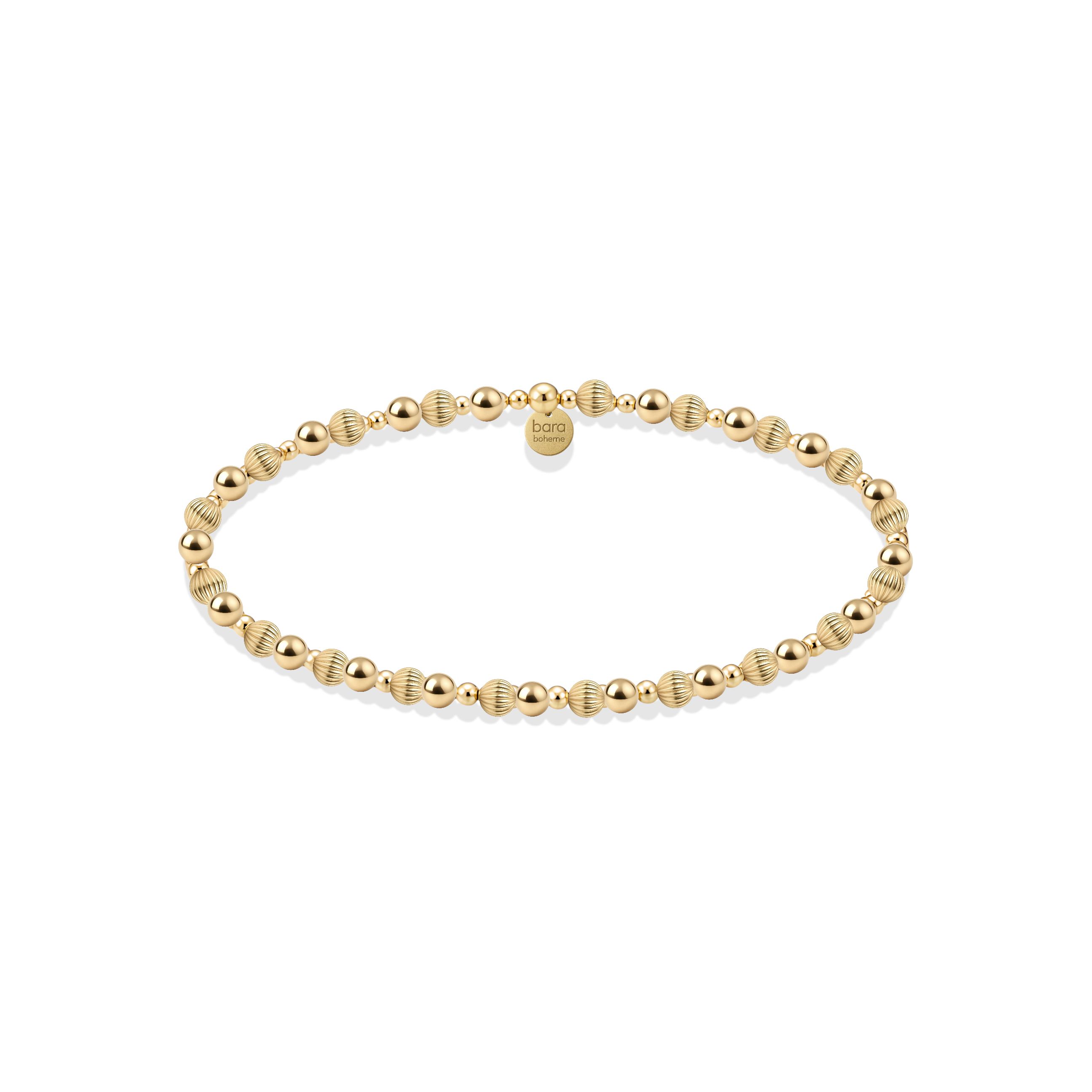 Gold beaded bracelet on a white background
