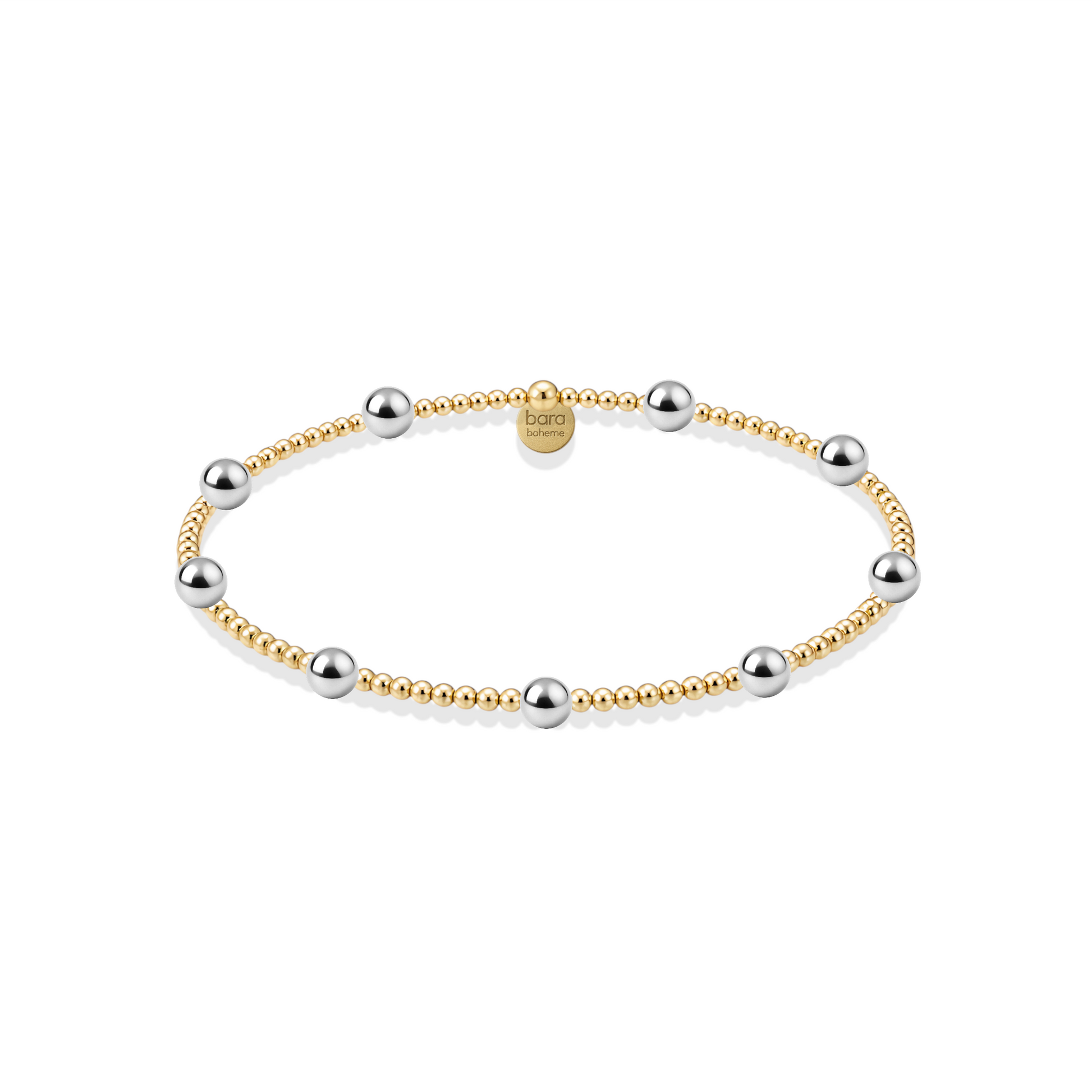 Bracelet with alternating gold and silver beads on a white background