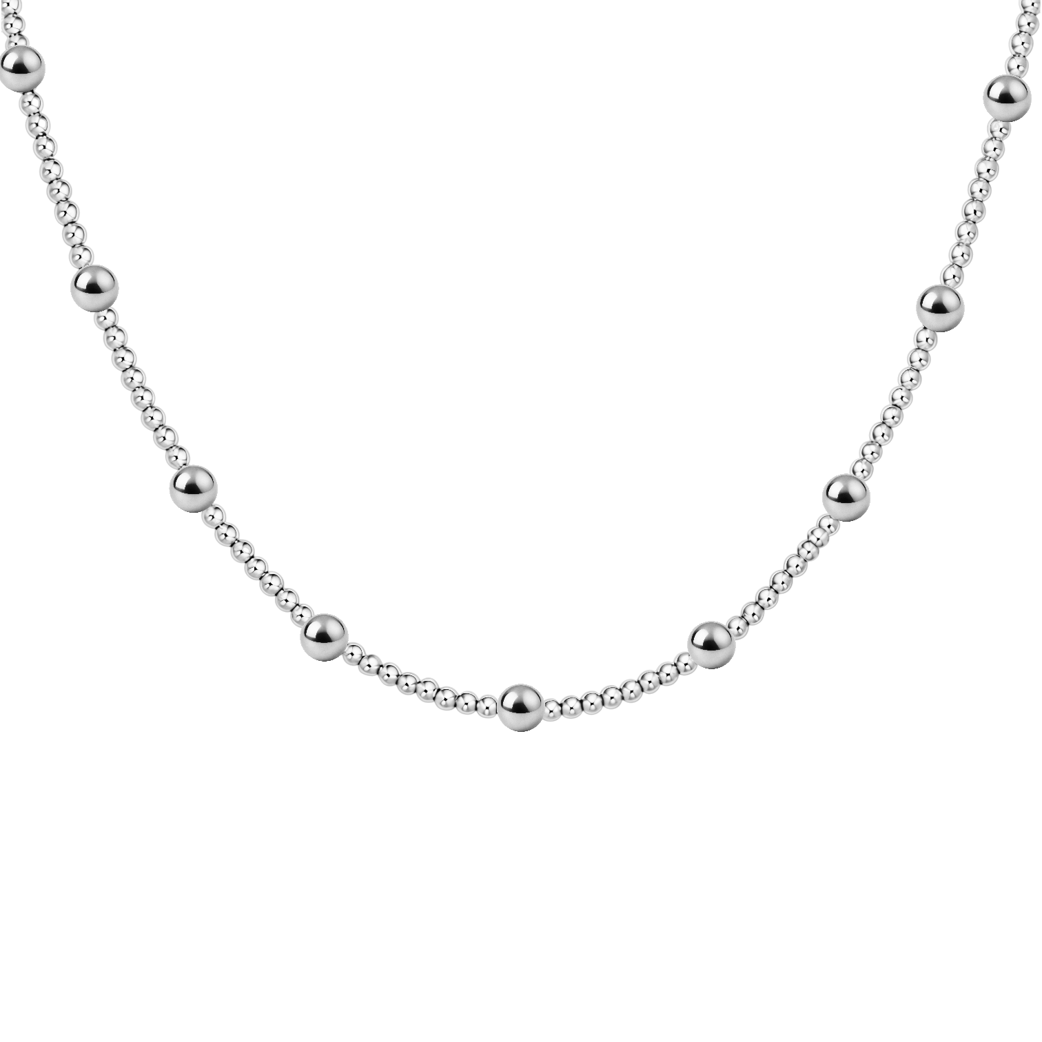 Silver necklace with evenly spaced beads on a white background