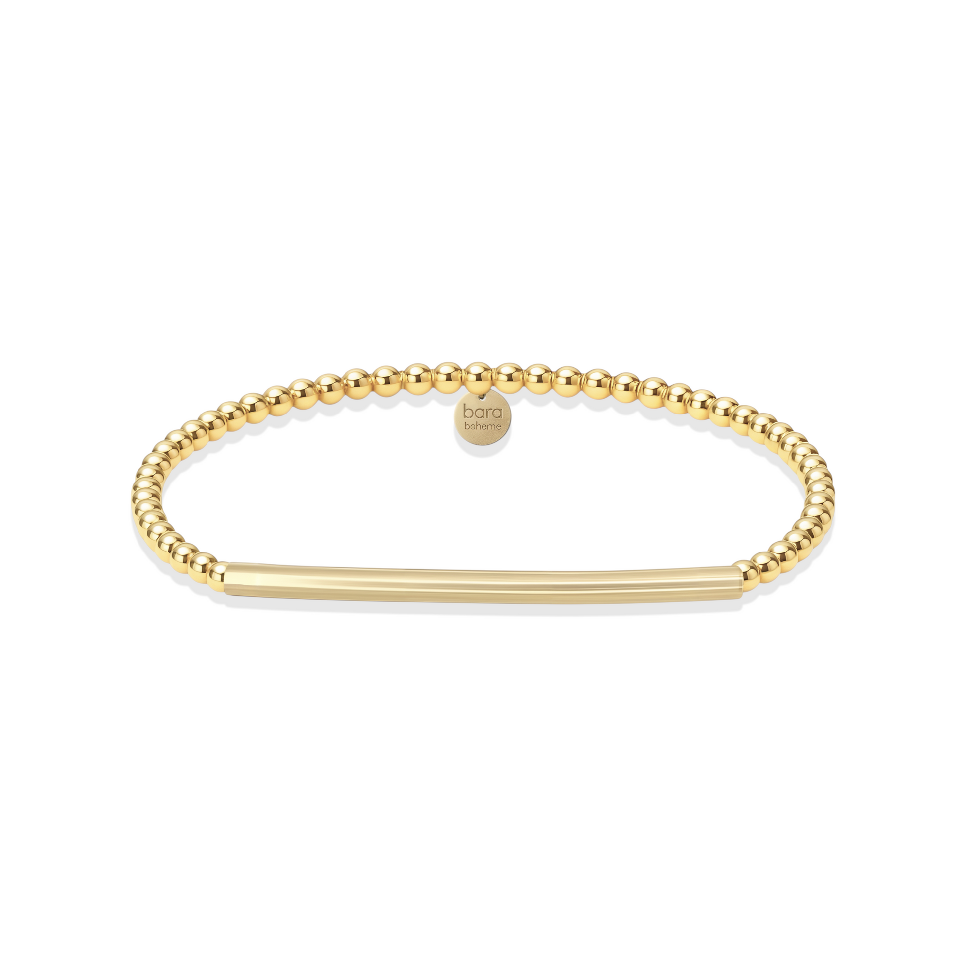 Gold beaded bracelet with a bar design on a white background