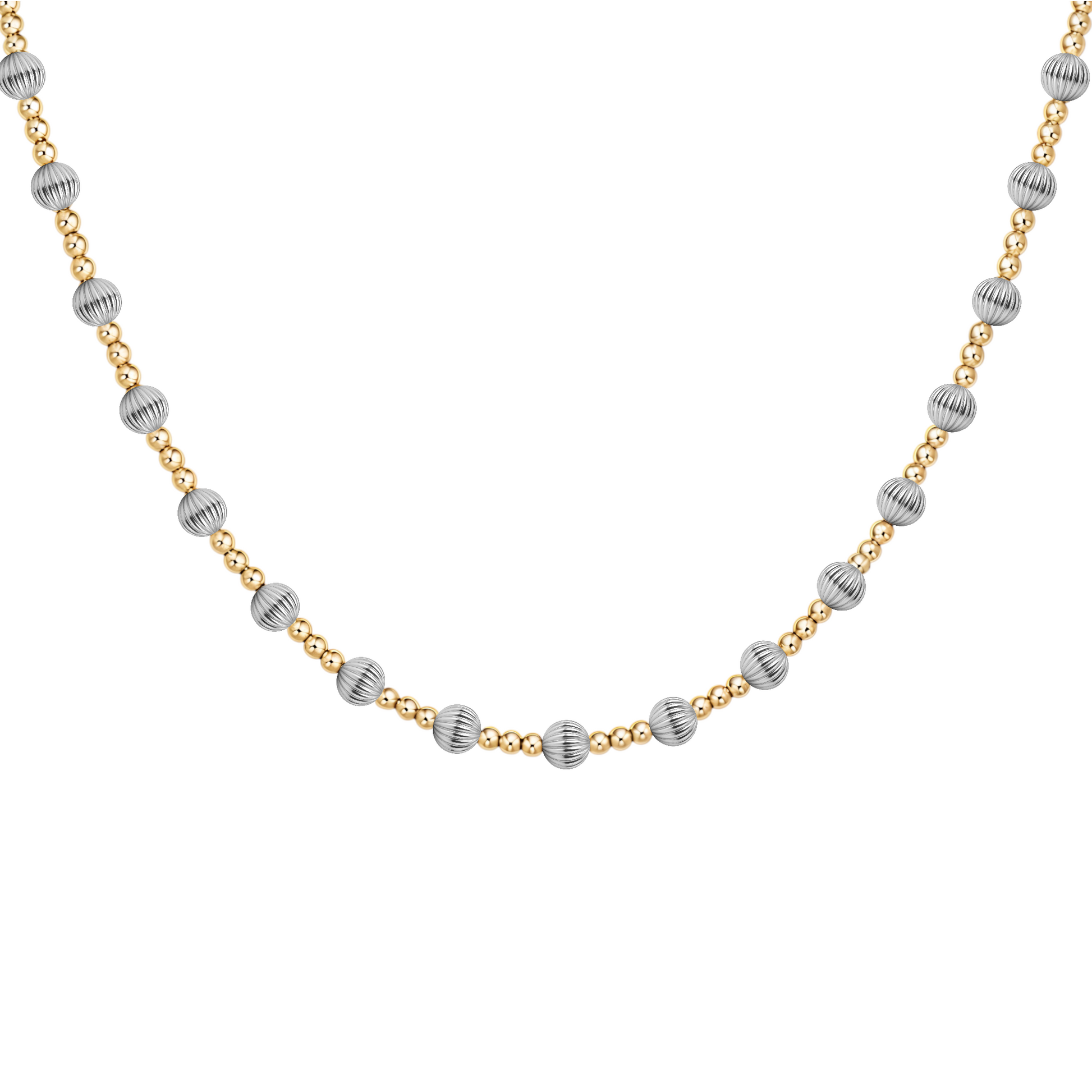 Two-tone gold and silver beaded necklace on a white background