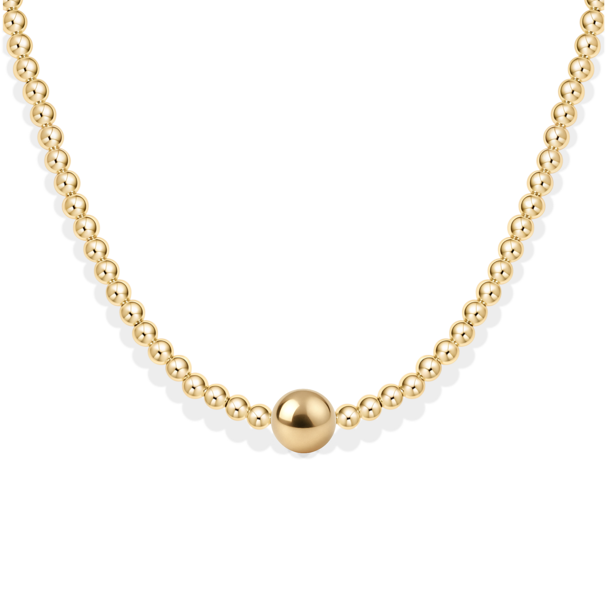 Gold necklace with a single round bead on a white background