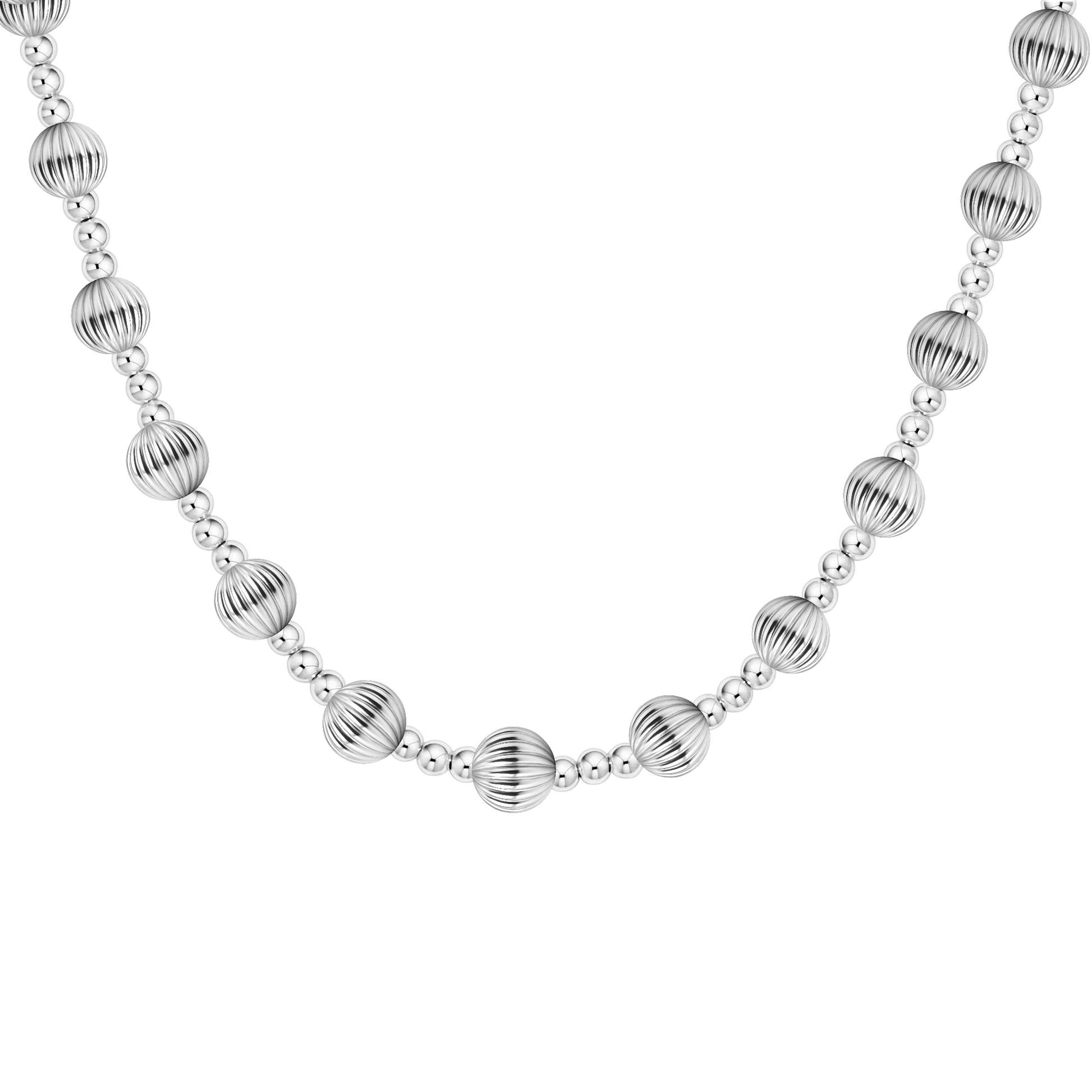 Silver beaded necklace on a white background
