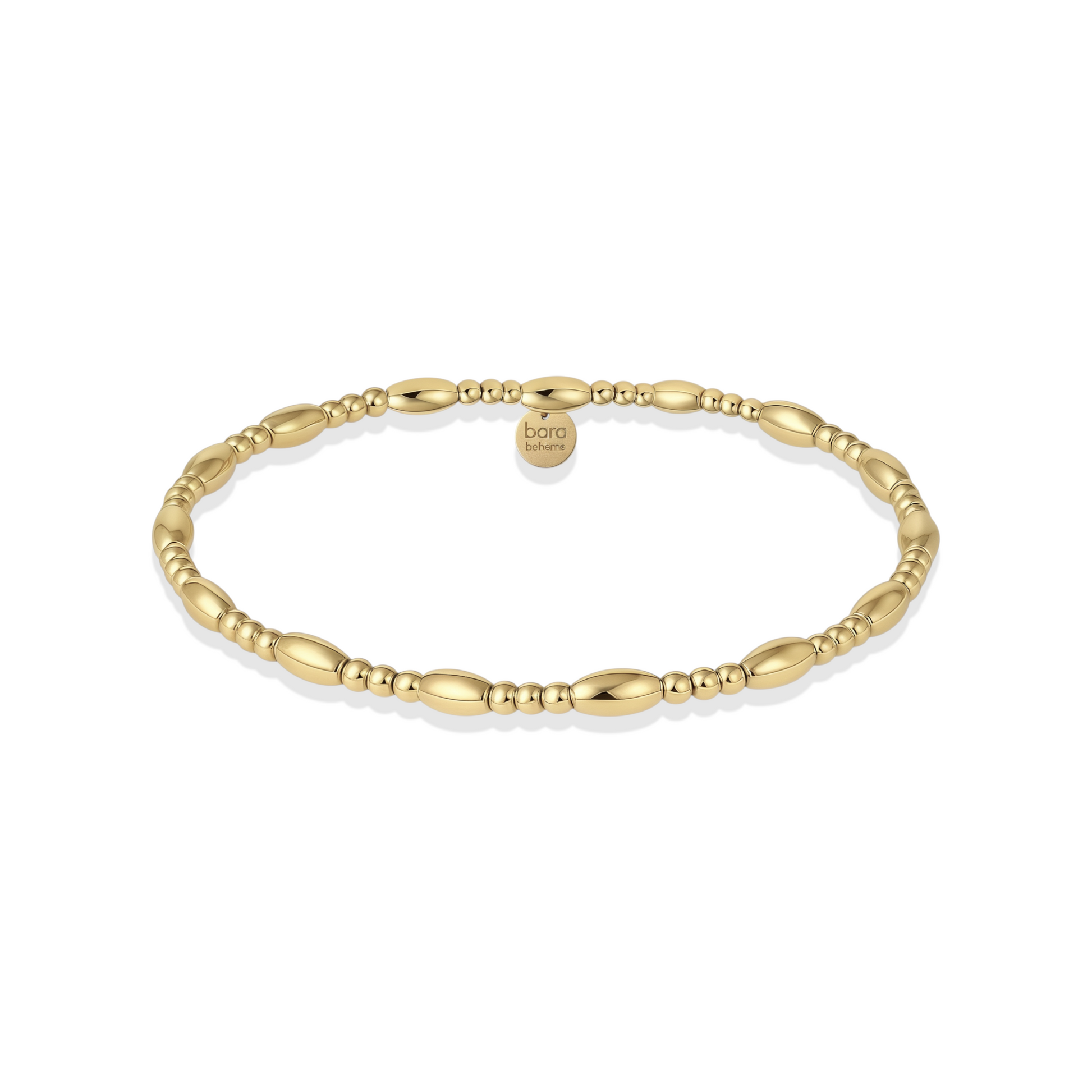 Gold beaded bracelet on a white background