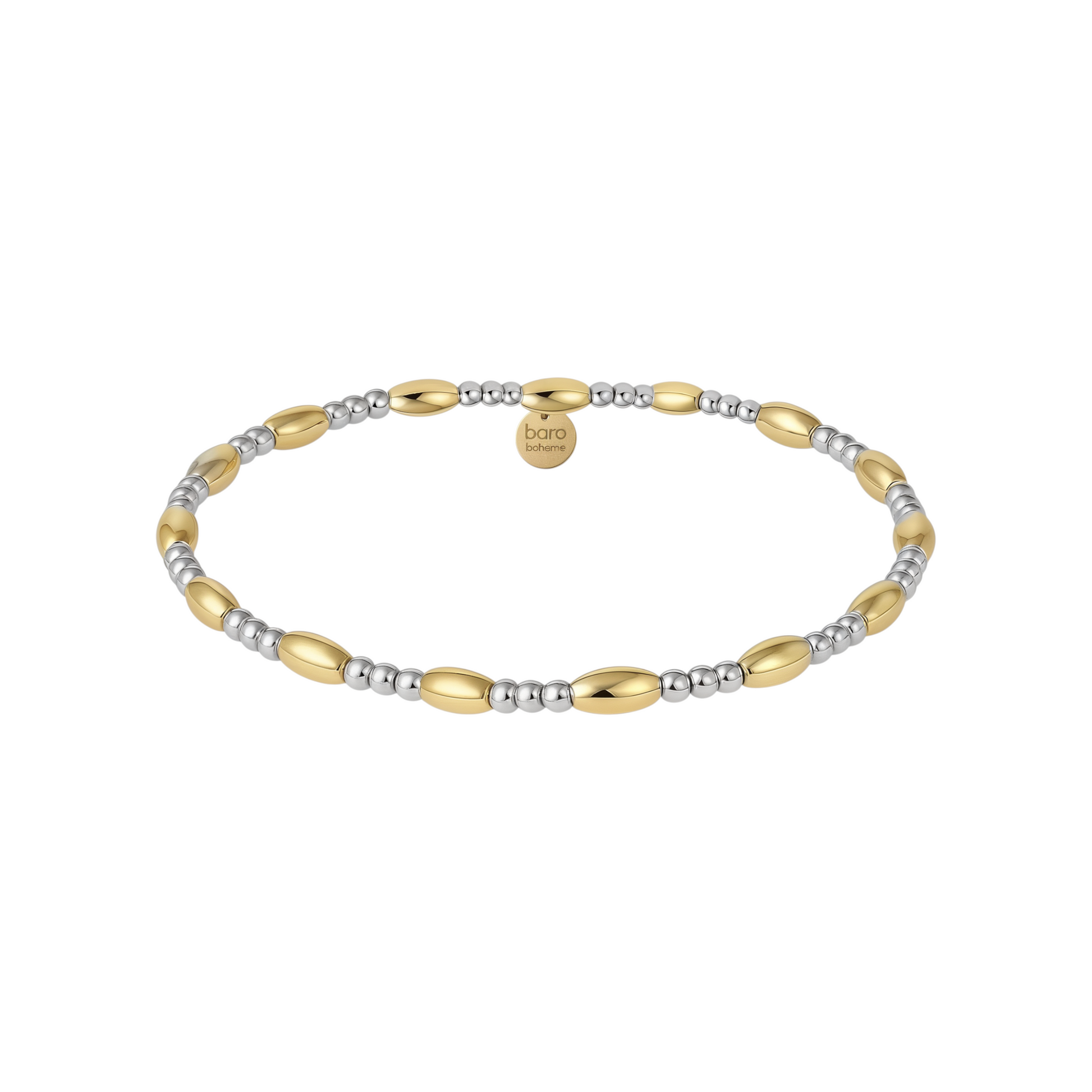 Two-tone gold and silver beaded bracelet on a white background
