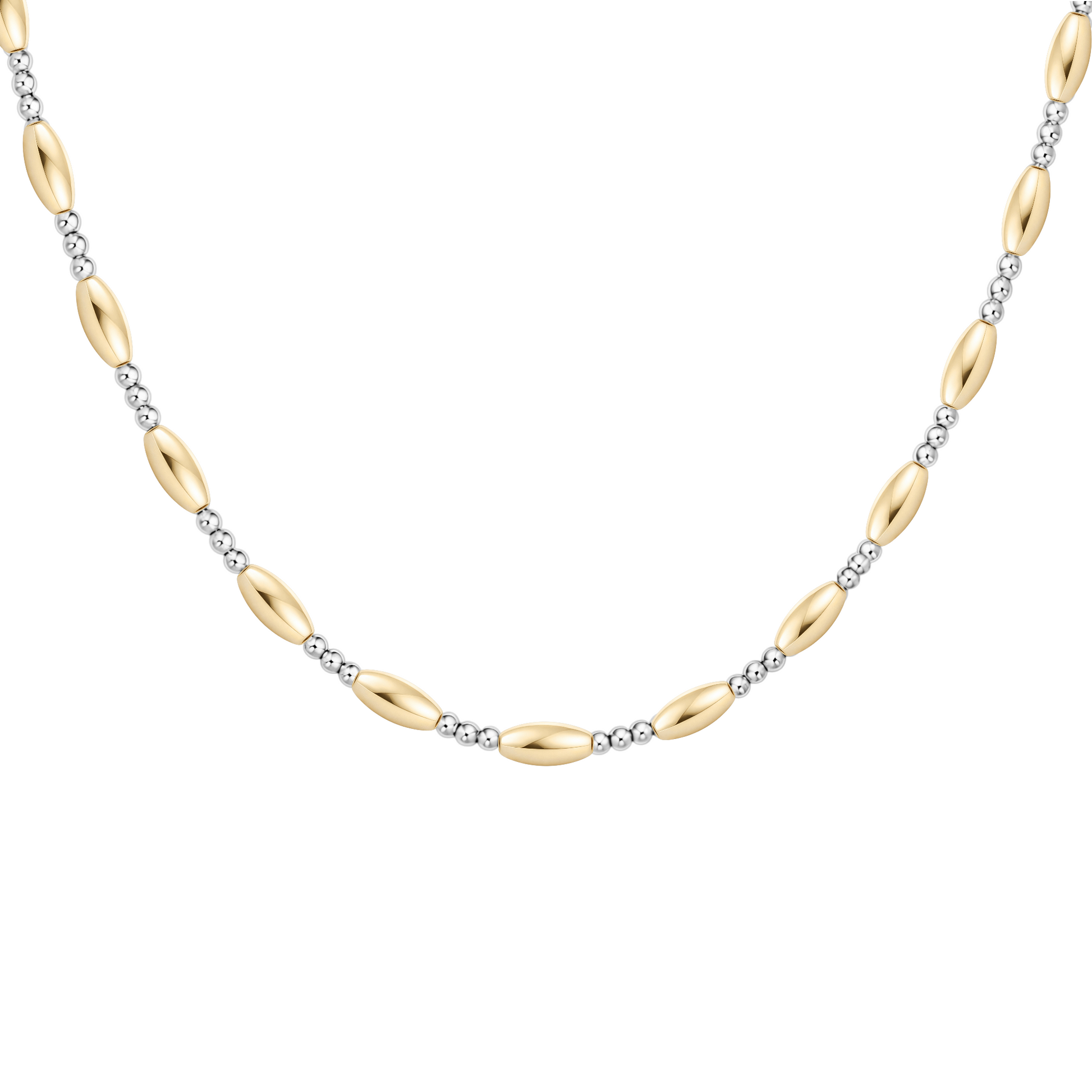 Gold and silver beaded necklace on a white background