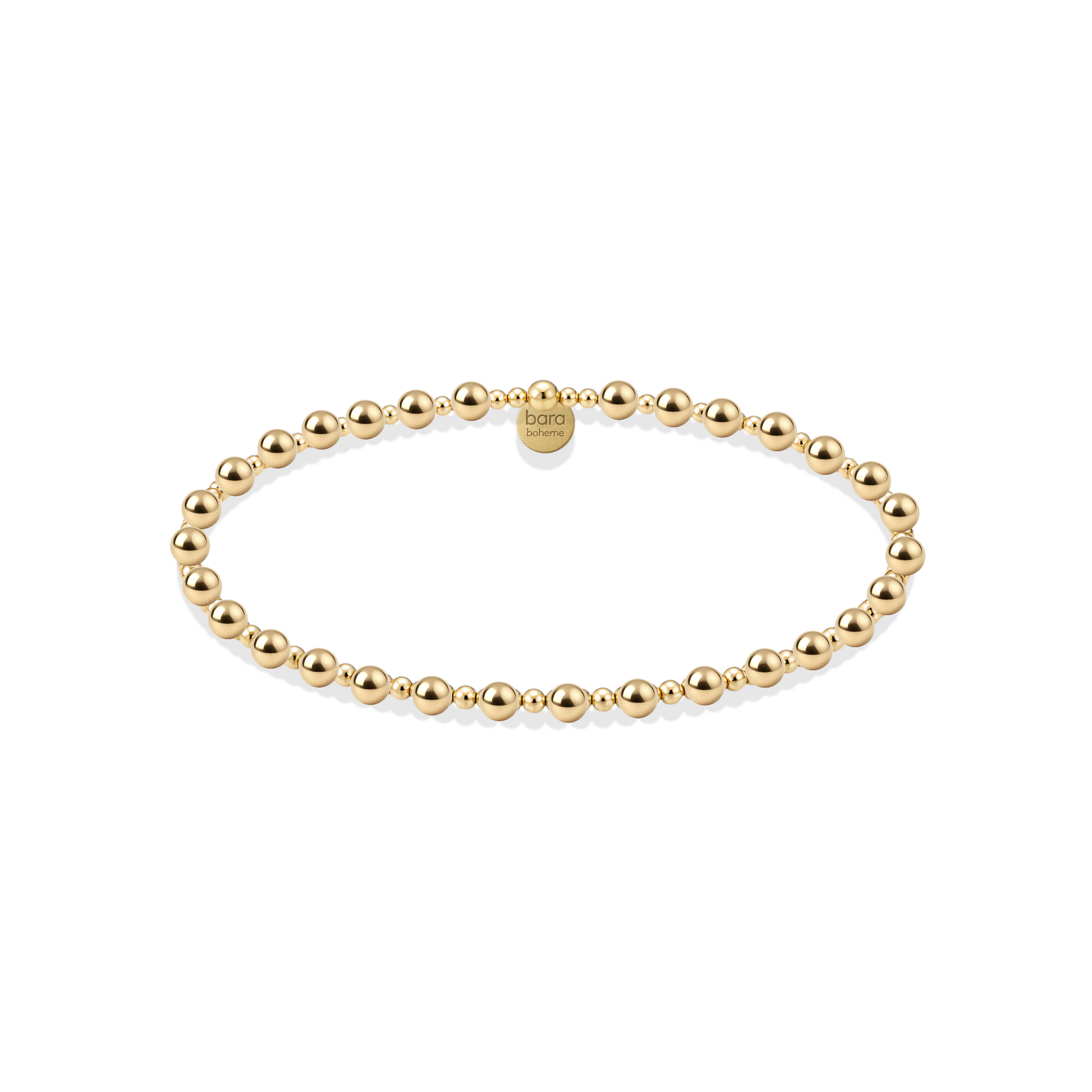 Gold beaded bracelet on a white background