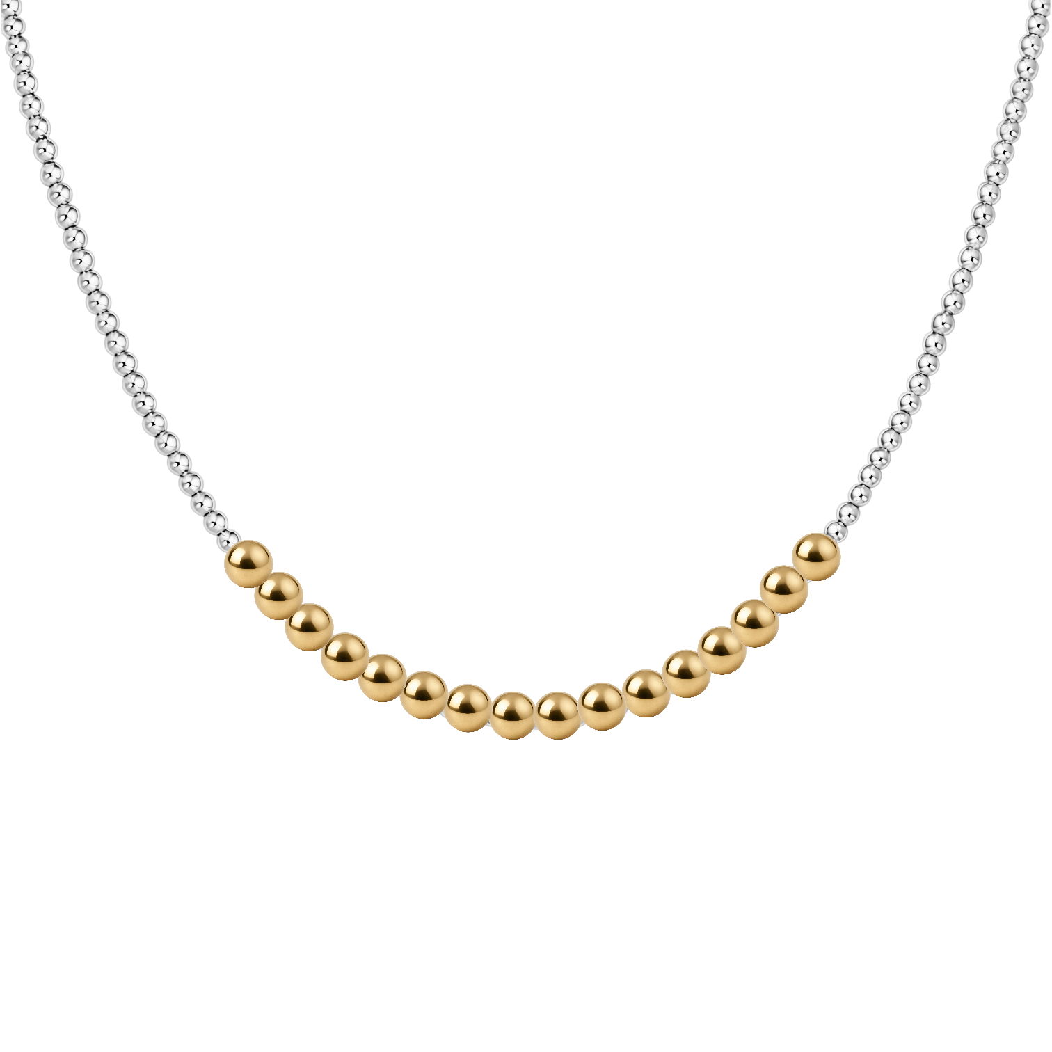 Gold beaded necklace on a white background