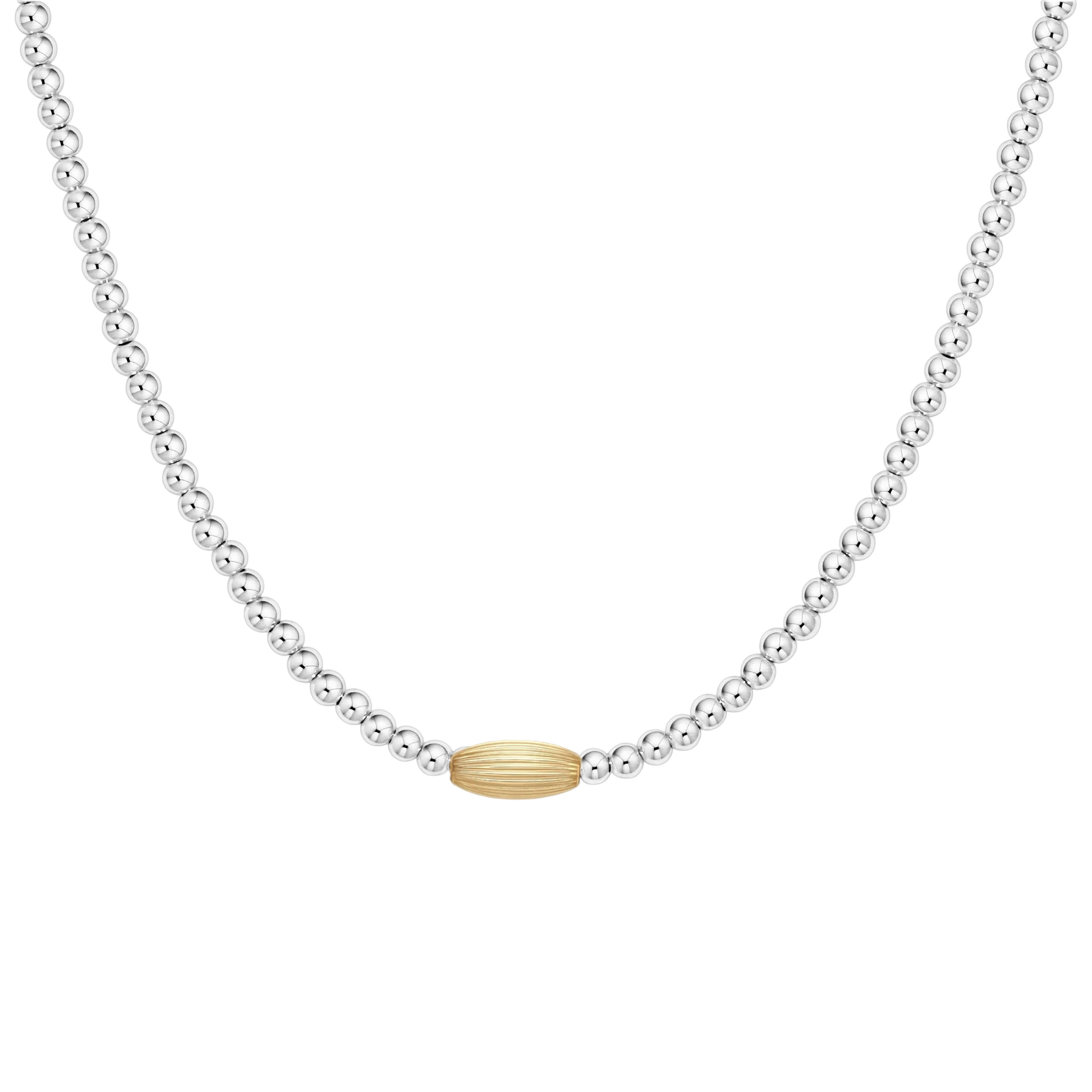 Silver necklace with a gold accent on a white background