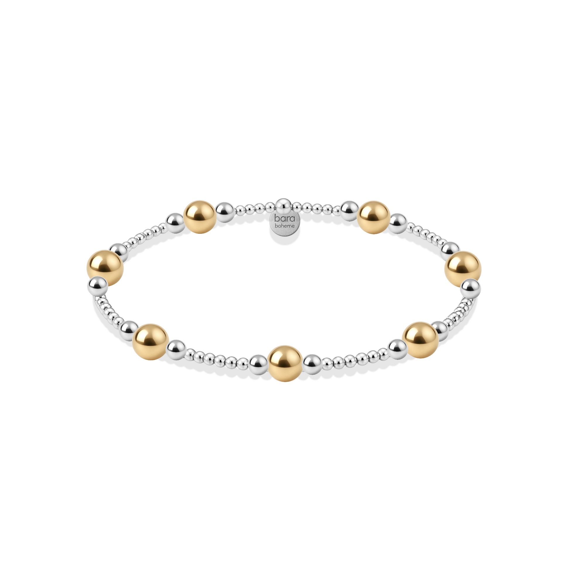 Bracelet with alternating gold and silver beads on a white background