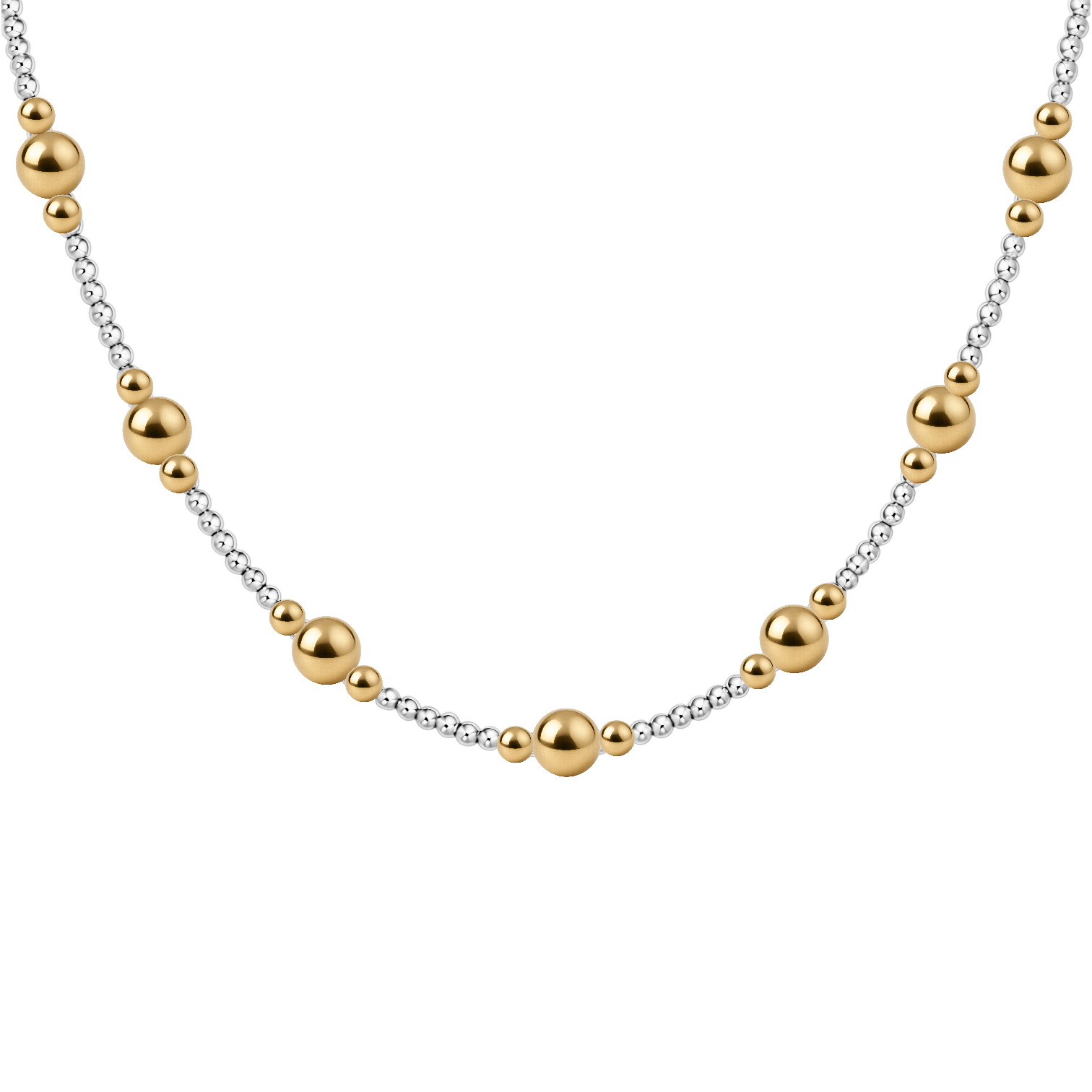 Necklace with gold and silver beads on a white background