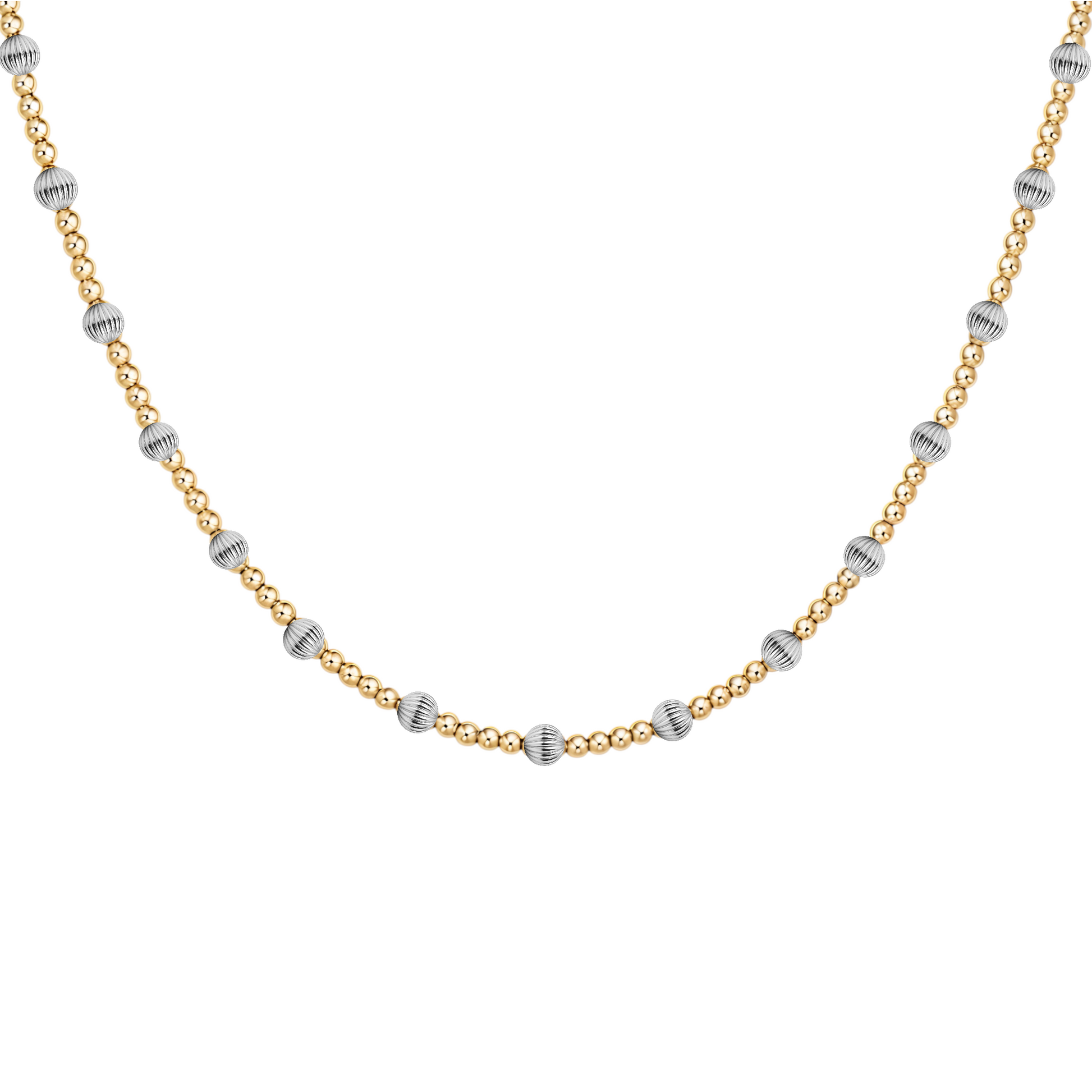 Gold and silver beaded necklace on a white background