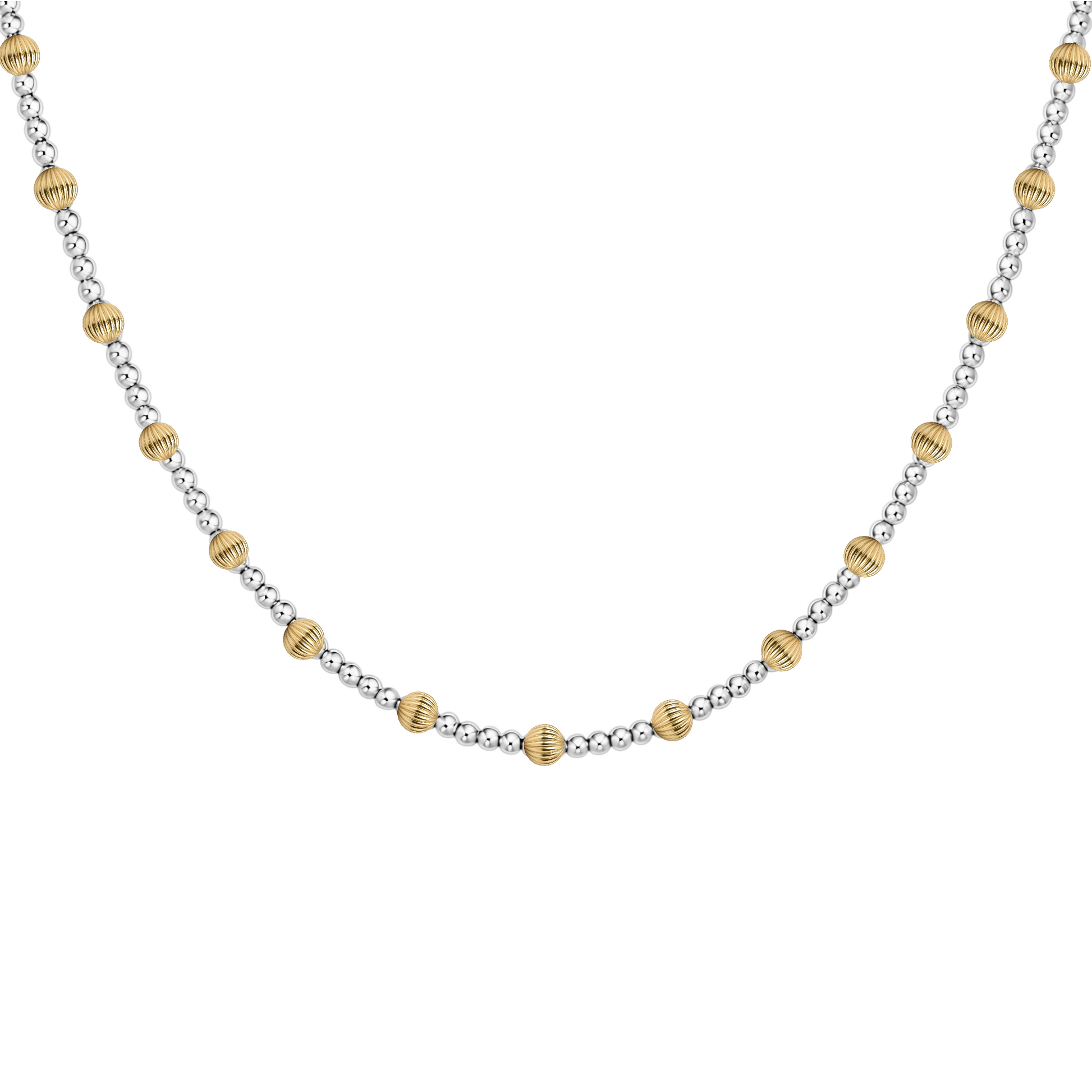 Necklace with alternating gold and silver beads on a white background