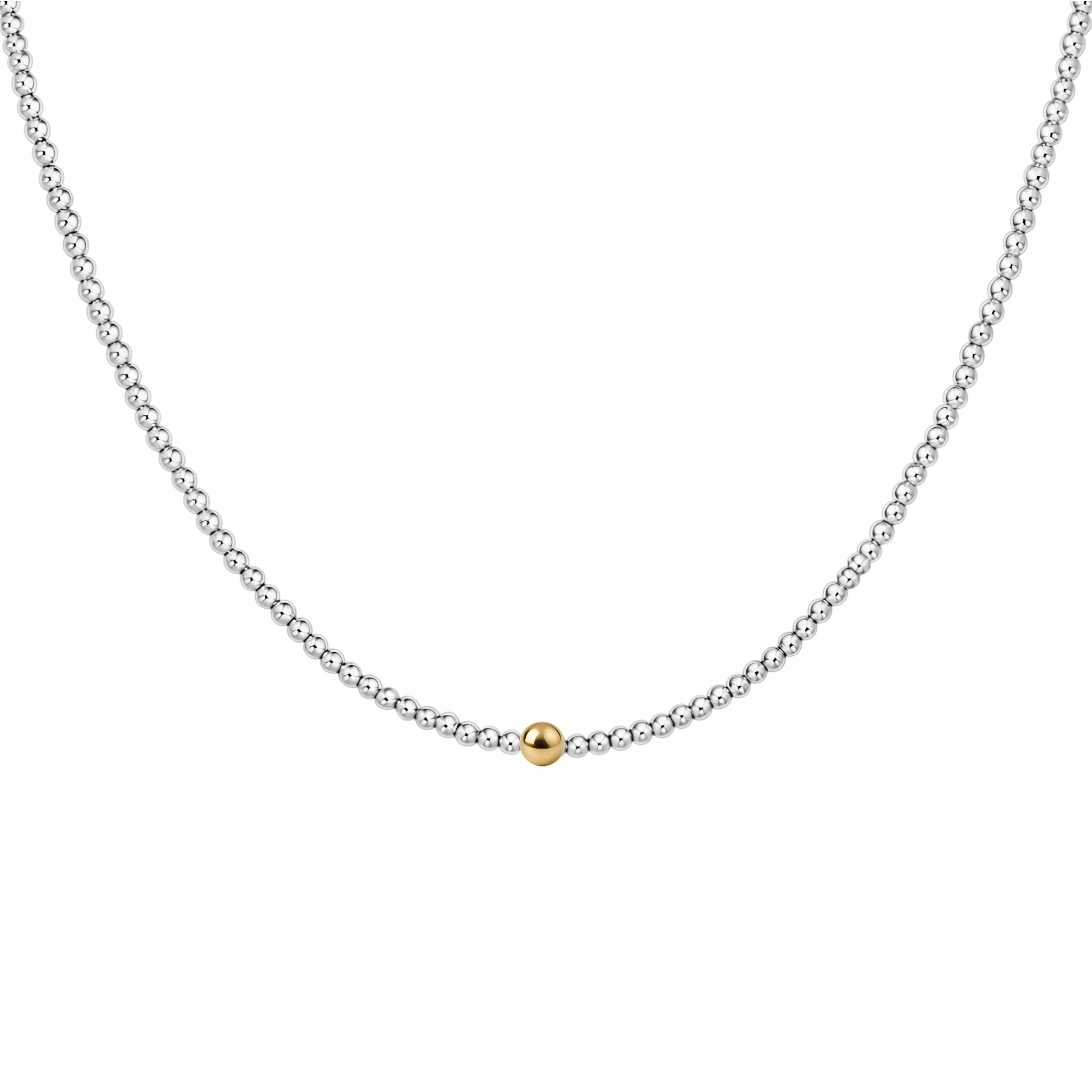 silver beaded Necklace with a single gold bead on a white background