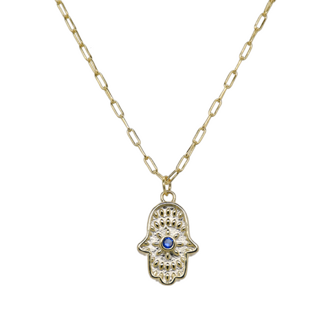 "SOLITARY HAMSA" Charm on Paperclip Chain Necklace