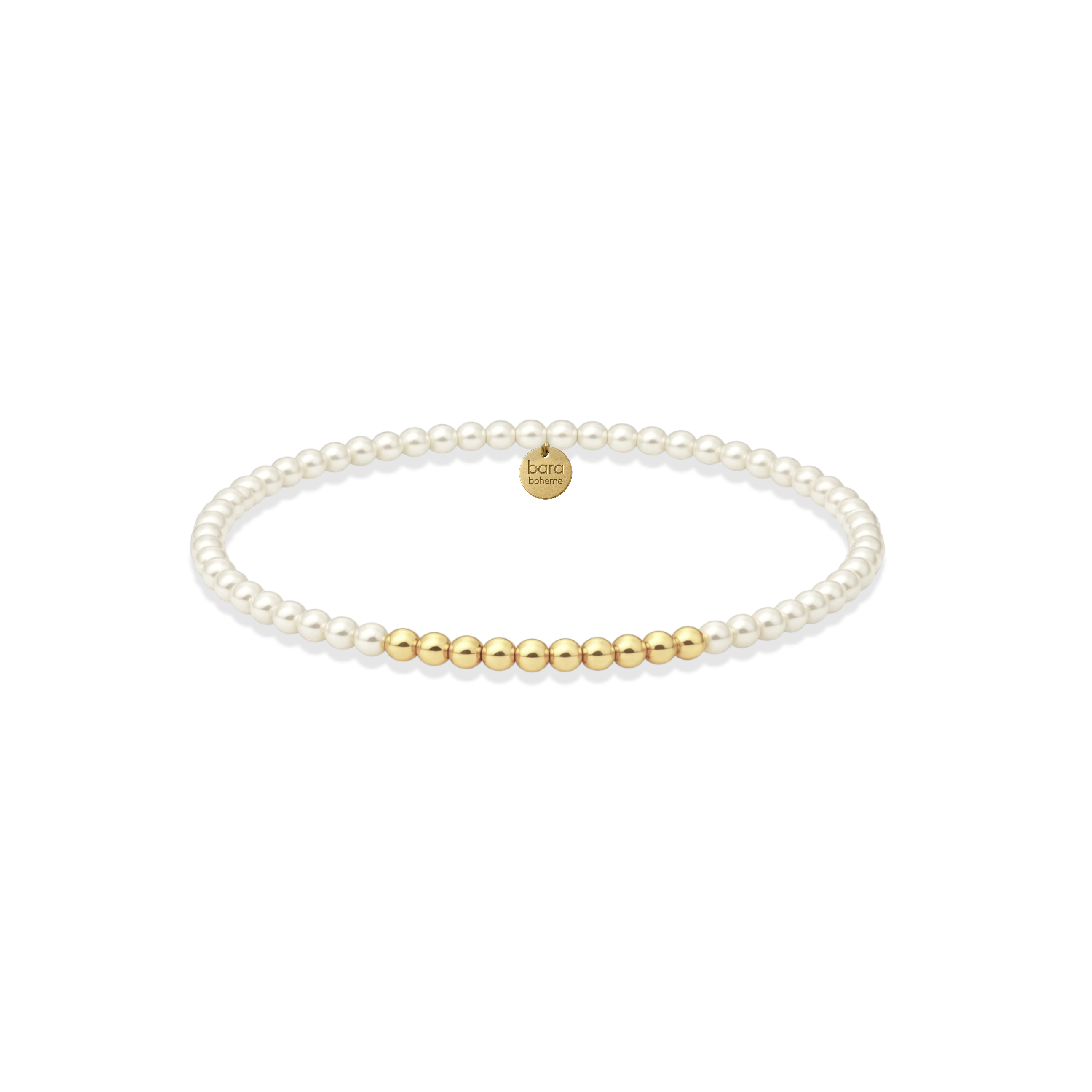 Pearl and gold beaded bracelet on a white background