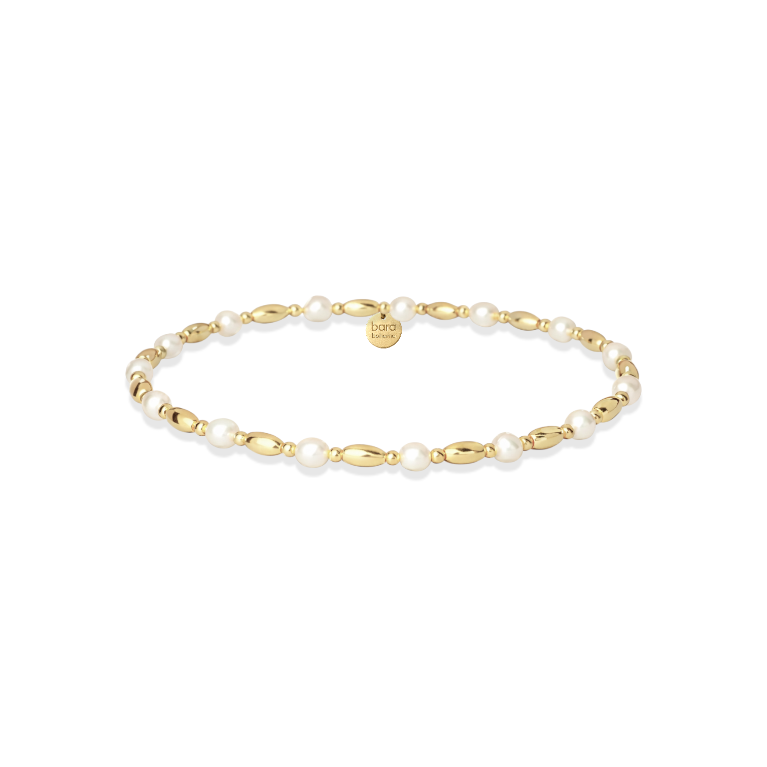Gold beaded bracelet with pearls on a white background
