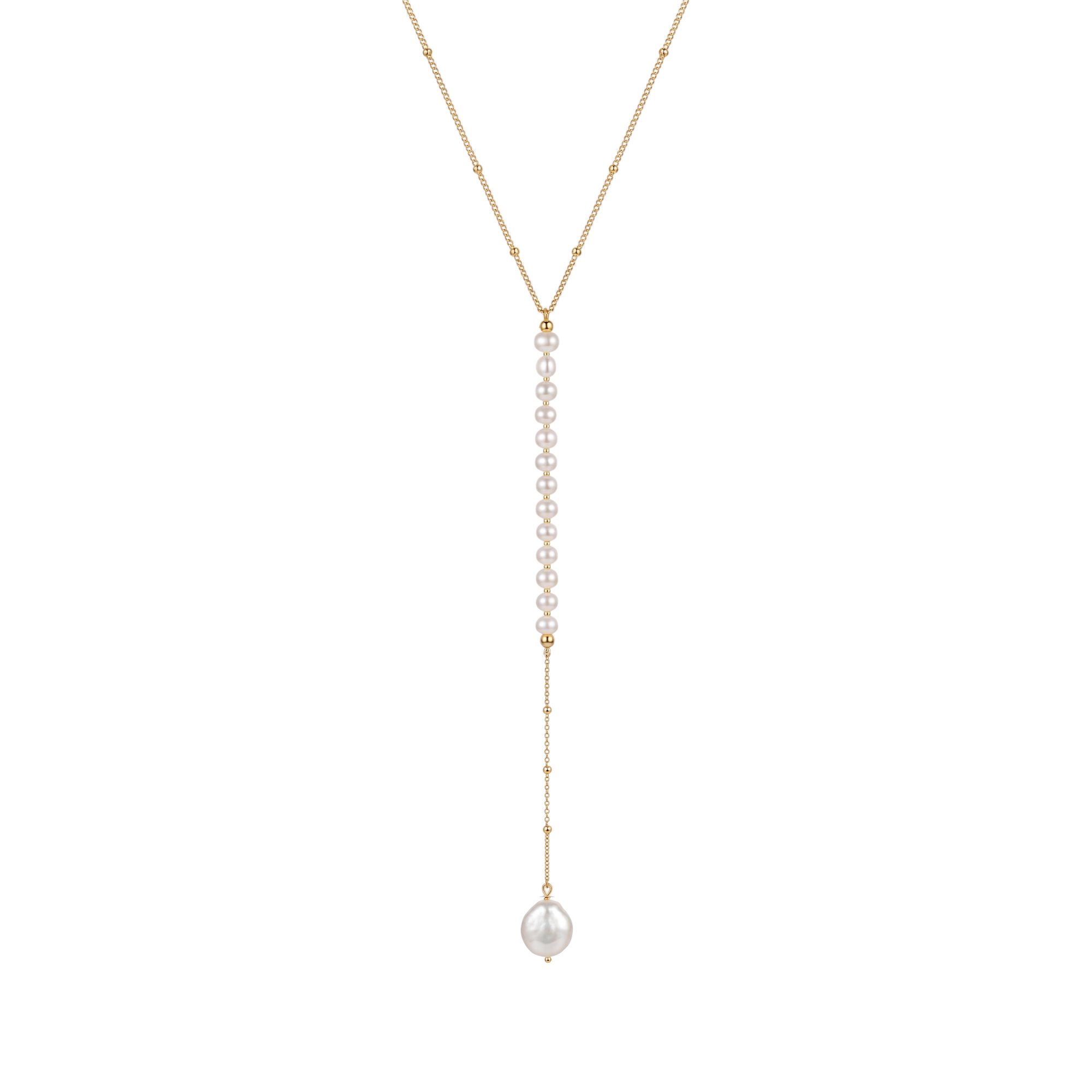 Pearl necklace with gold chain on a white background