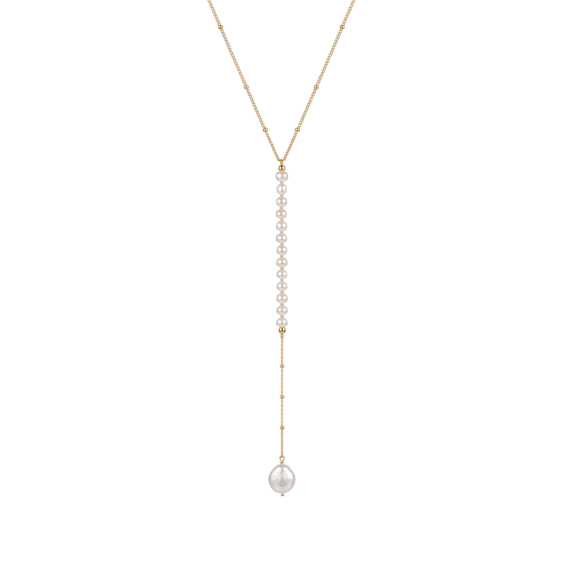 Pearl necklace with gold chain on a white background