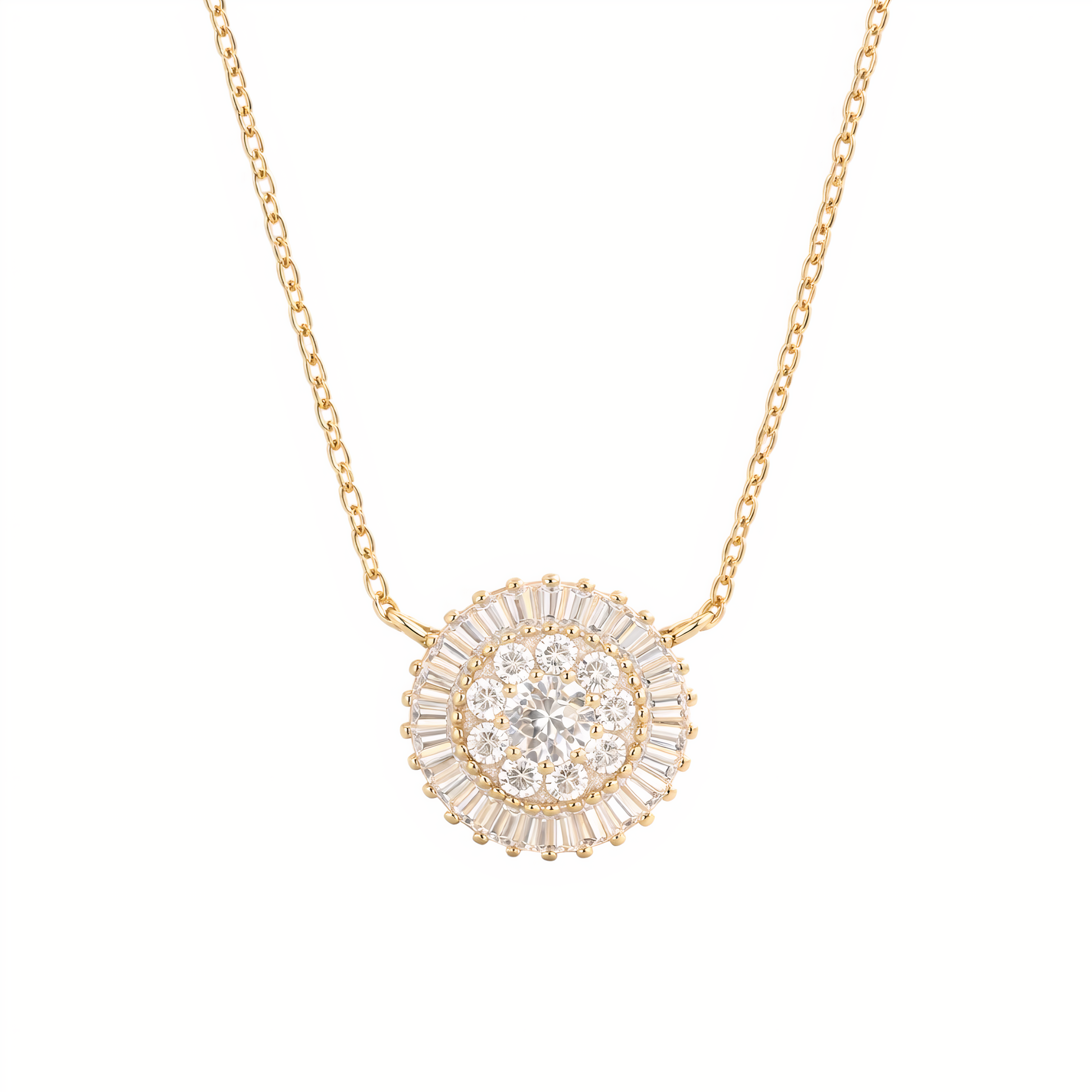 Gold necklace with a diamond pendant on a white background