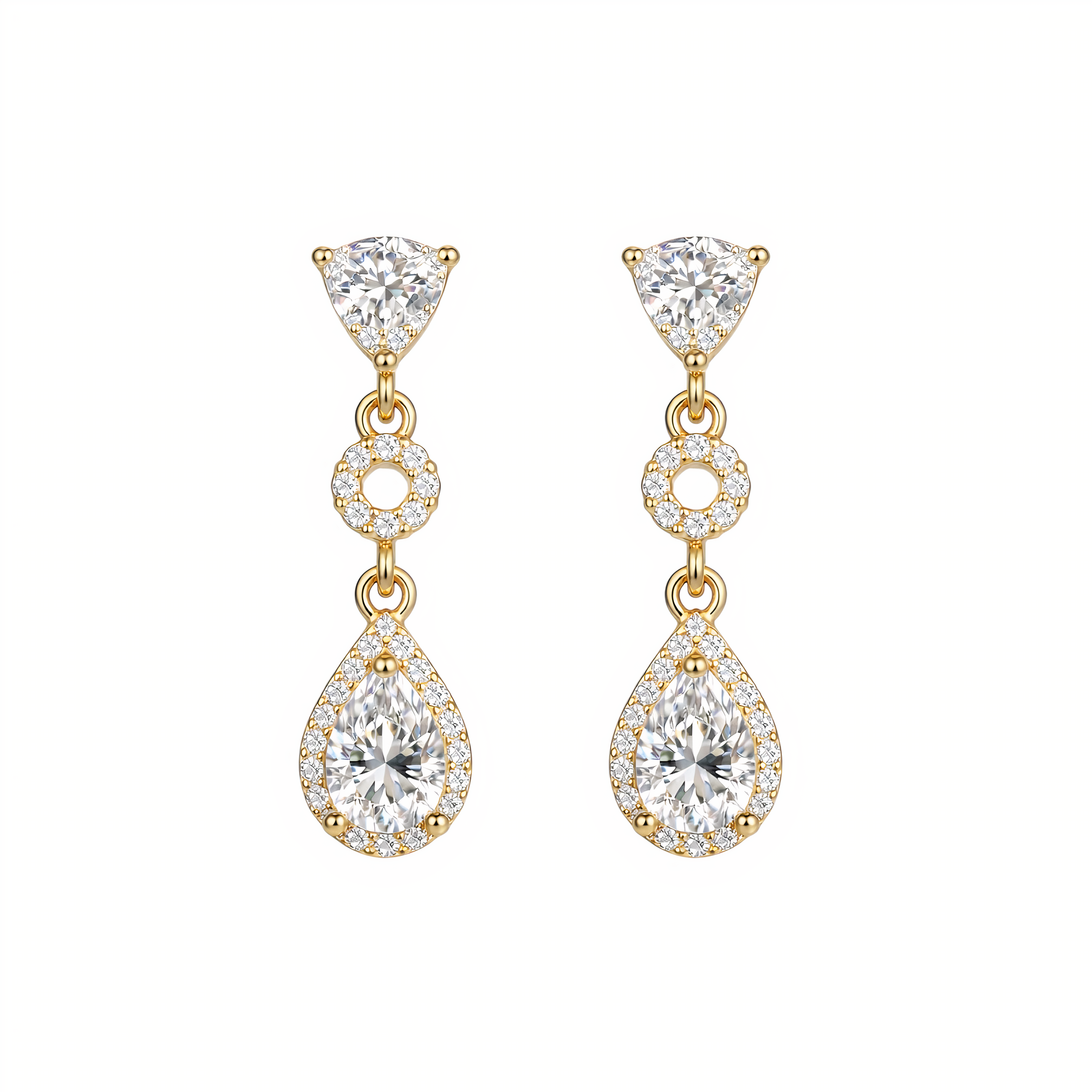 Gold and diamond earrings on a white background