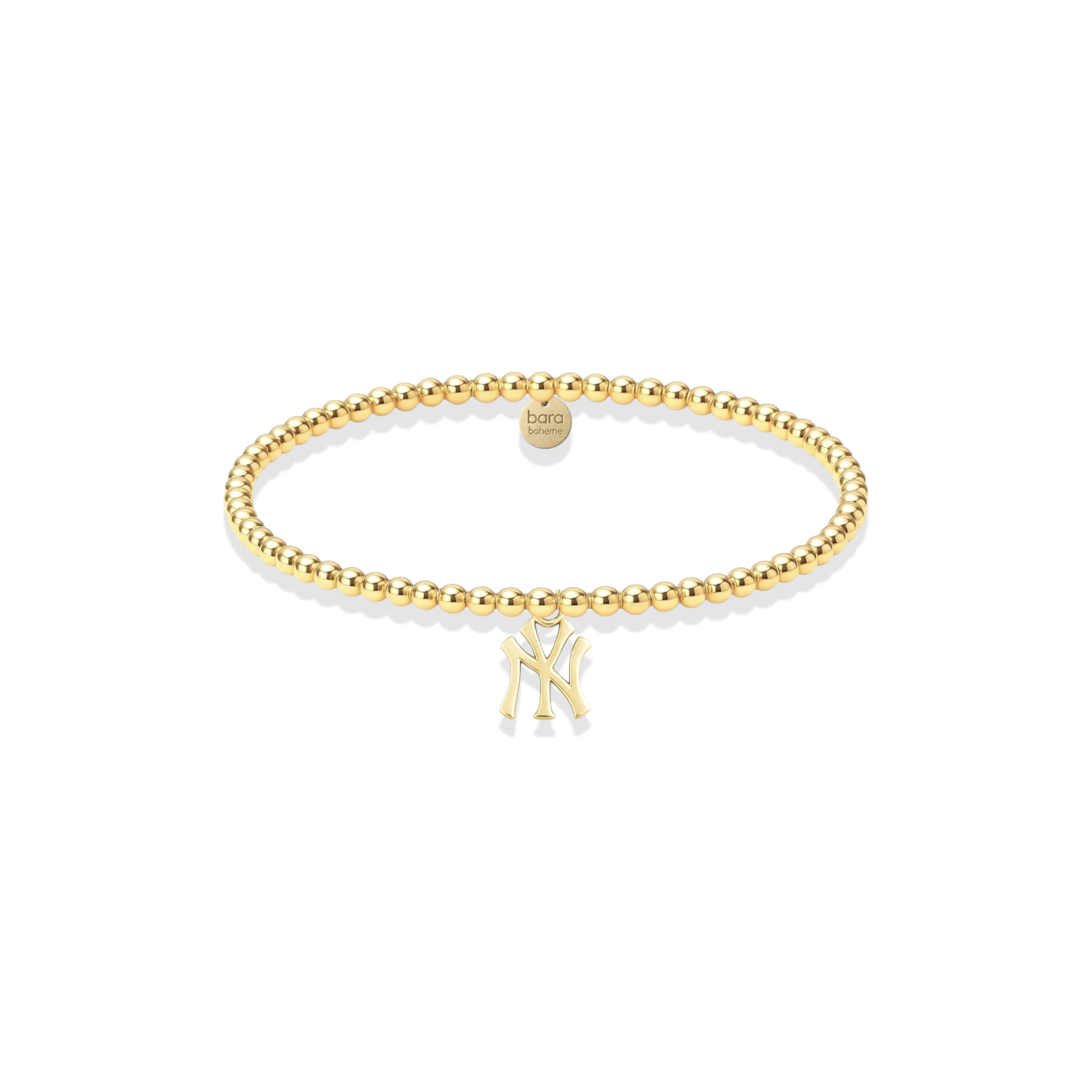 Gold bracelet with a small charm on a white background