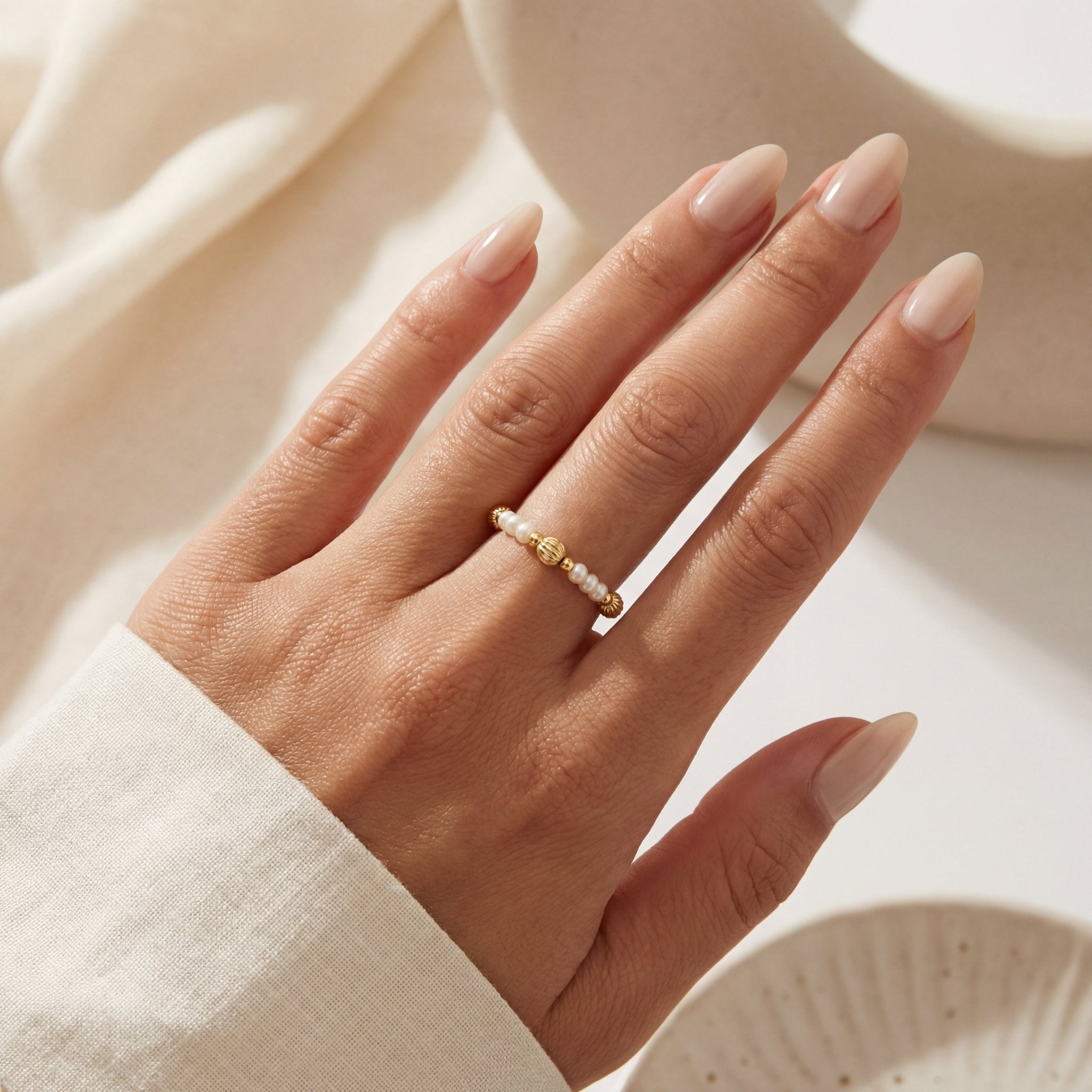 Basel Pearl Beaded Stretchy Ring - Bara Boheme