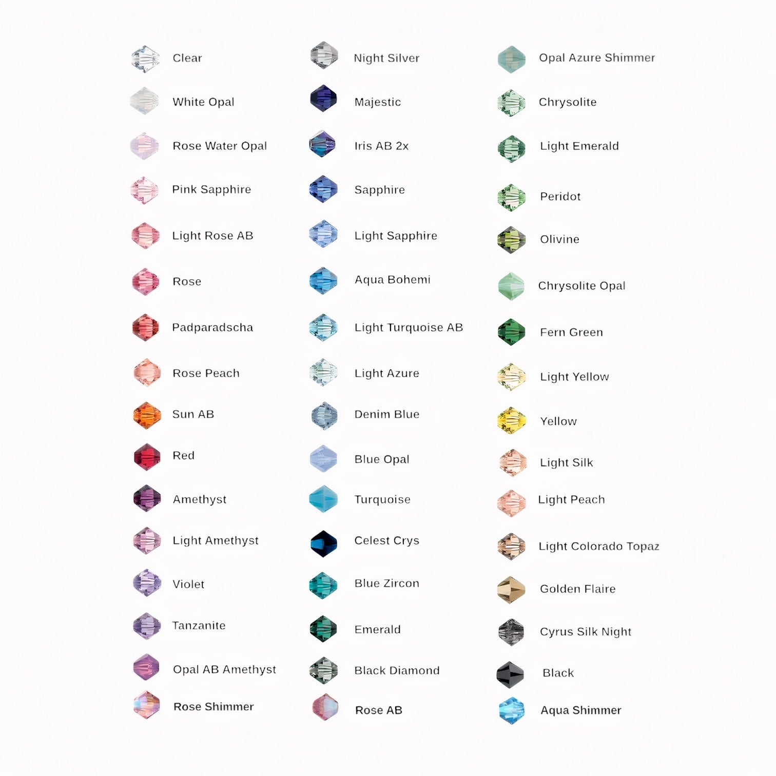 Color swatch chart with various gemstone names and colors on a white background