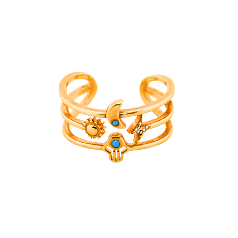 "HAMSA+MOON" Gold Plated Adjustable Ring