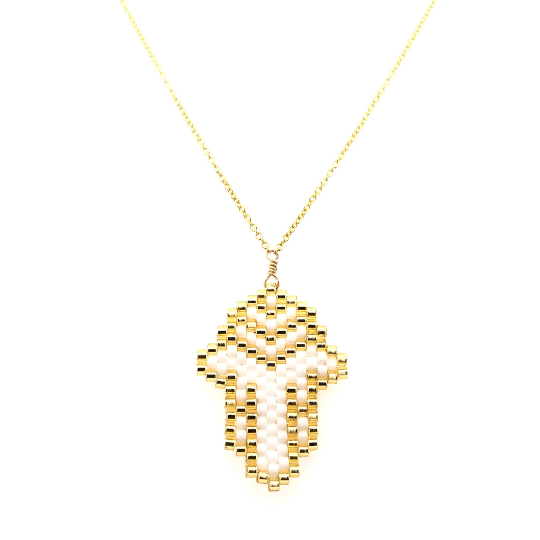 Seed Bead Hamsa White and Gold Necklace