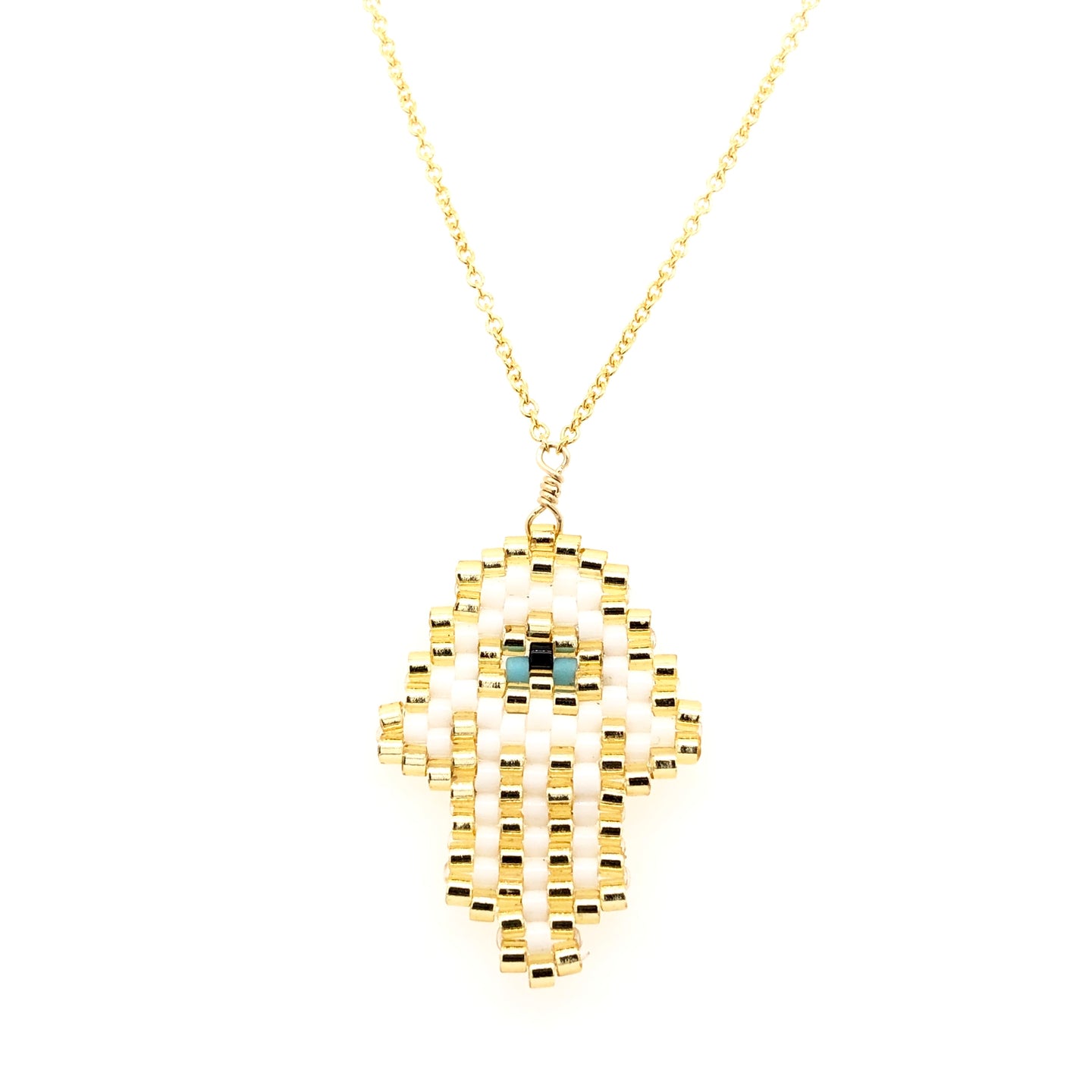 Seed Bead White Hamsa with Turquoise Eye Necklace