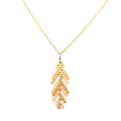Seed Bead Feather Pink and Gold Necklace