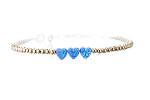 "TRIPLE OPAL HEART" Charm and Gold Filled Ball Beaded Bracelet